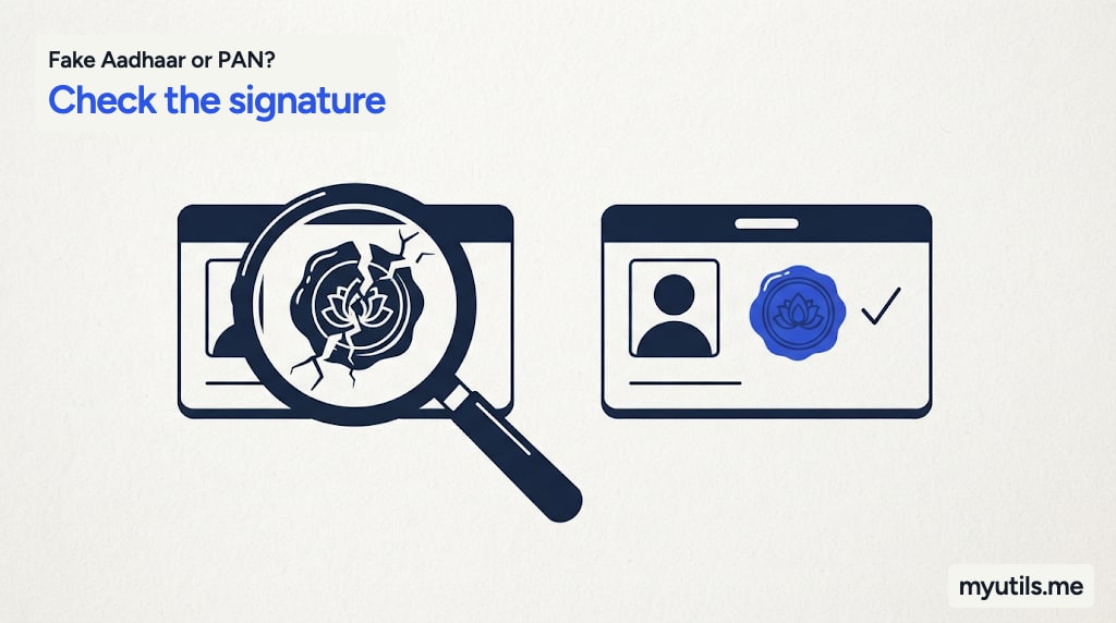 A magnifying glass over an ID card reveals a broken seal beside an intact one, with the words “Fake Aadhaar or PAN?: Check the signature”
