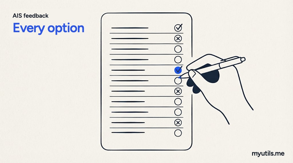 A list of rows with tick, cross and arrow marks being chosen with a pen, with the words “AIS feedback: Every option”