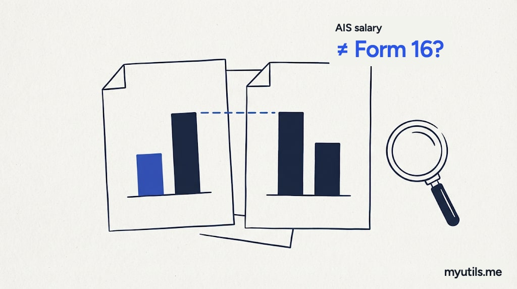Two documents with bar graphs of different heights joined by a question mark, with the words “AIS salary ≠ Form 16?”