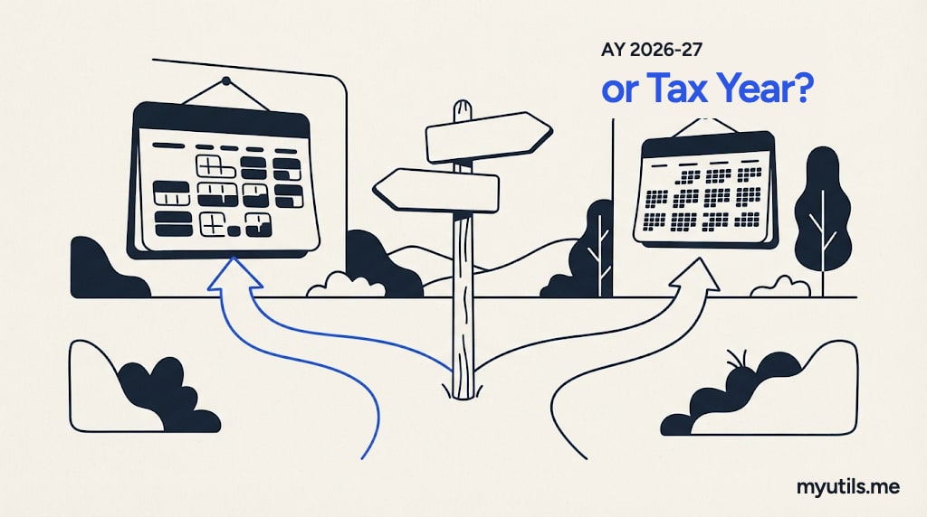 A signpost with two arrows pointing to two calendars, with the words “AY 2026-27: or Tax Year?”