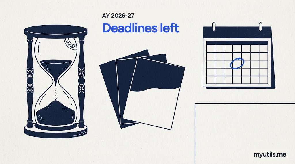 An hourglass beside three stacked documents and a calendar, with the words “AY 2026-27: Deadlines left”