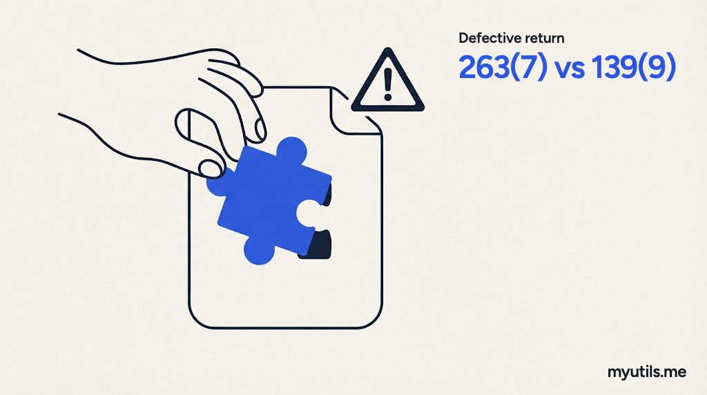 A form with a missing puzzle piece being slotted back in, with the words “Defective return: 263(7) vs 139(9)”