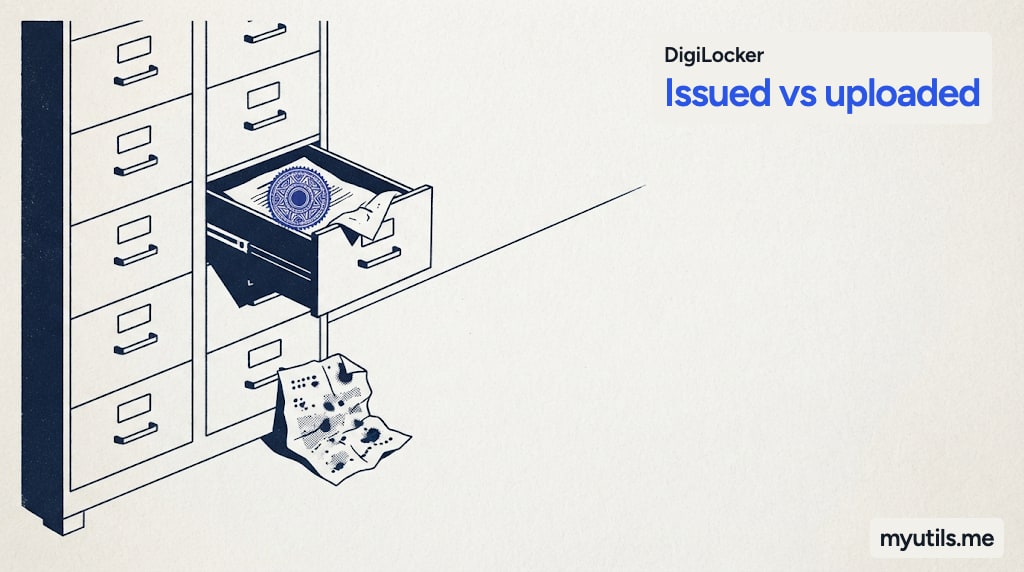 A digital locker cabinet with one sealed document and one photocopy, with the words “DigiLocker: Issued vs uploaded”
