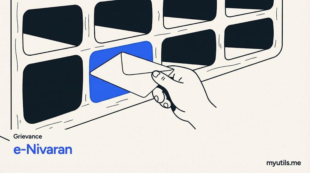 A letter dropping into a sorting rack of pigeonholes, with the words “Grievance: e-Nivaran”