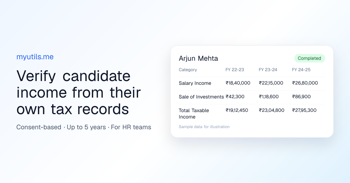 Employer income verification on myutils.me: a candidate's shared salary, sale of investments and total taxable income by financial year (sample data)