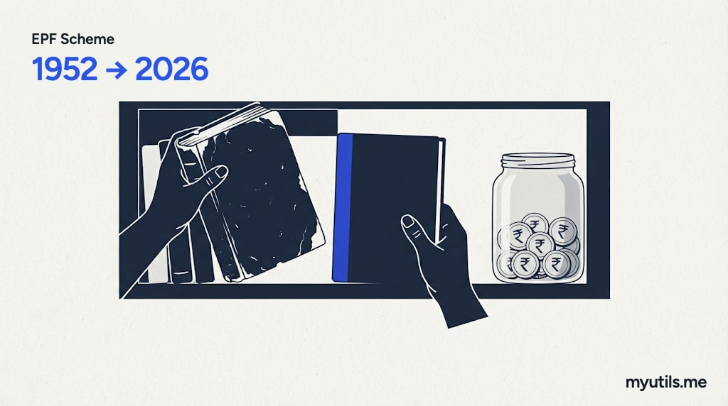 An old rulebook replaced by a new one on a shelf, with the words “EPF Scheme: 1952 → 2026”