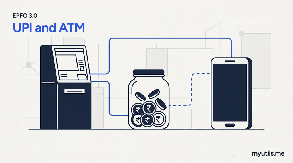 An ATM machine and a phone with a jar of coins between them, with the words “EPFO 3.0: UPI and ATM”