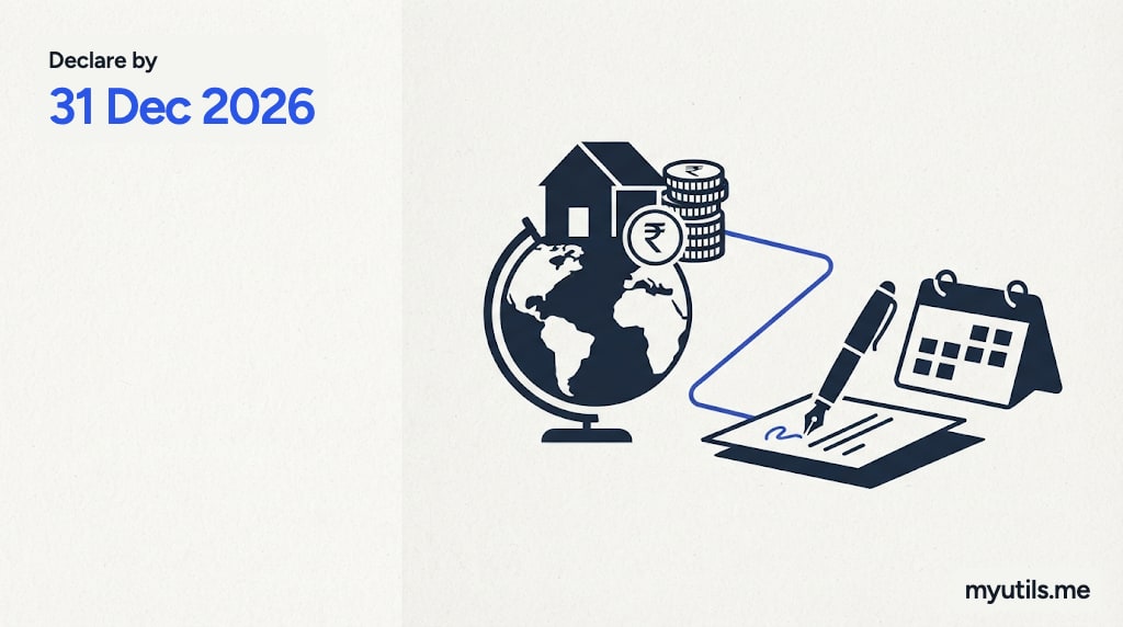 A globe with a house and coins abroad, a document being filled, with the words “Declare by: 31 Dec 2026”
