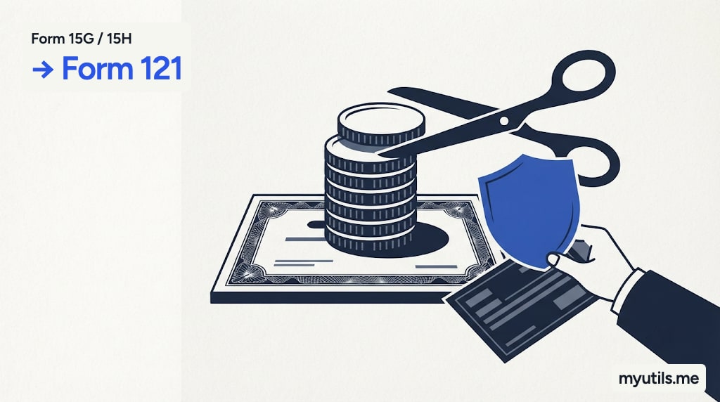 A bank fixed deposit certificate with a shield stopping a pair of scissors, with the words “Form 15G / 15H → Form 121”