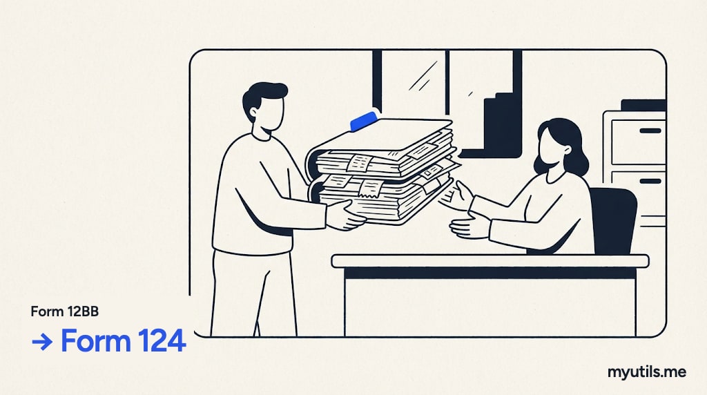 A folder of receipts and proofs handed to an office desk, with the words “Form 12BB → Form 124”