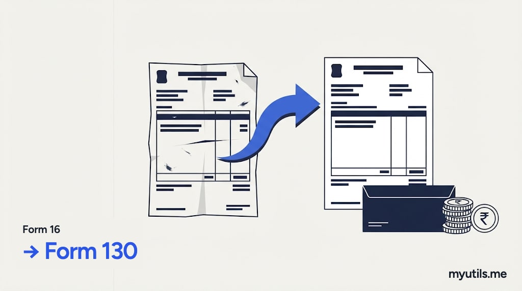 An old certificate turning into a new one through an arrow, with the words “Form 16 → Form 130”