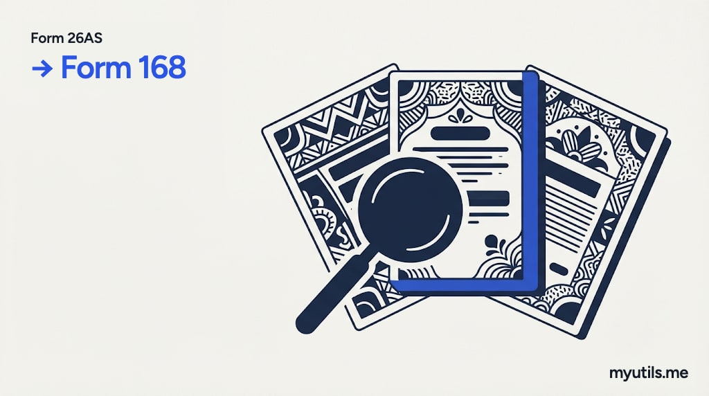 Three overlapping documents fanned out with a cobalt highlight on one, with the words “Form 26AS → Form 168”