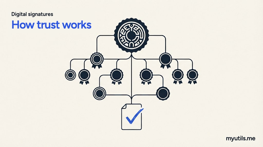 A chain of trust from a root seal down to a document, with the words “Digital signatures: How trust works”