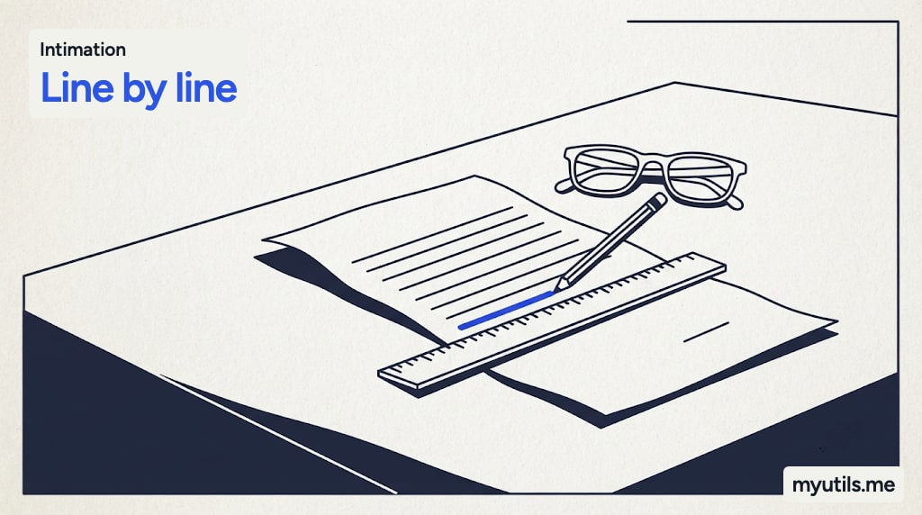 A long letter examined line by line with a ruler, with the words “Intimation: Line by line”