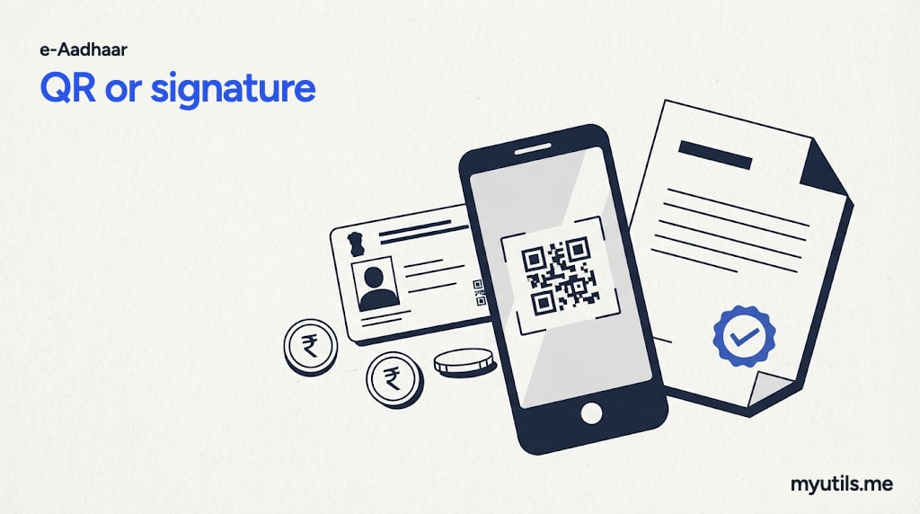 A phone scanning a QR code on a card next to a document with a seal, with the words “e-Aadhaar: QR or signature”
