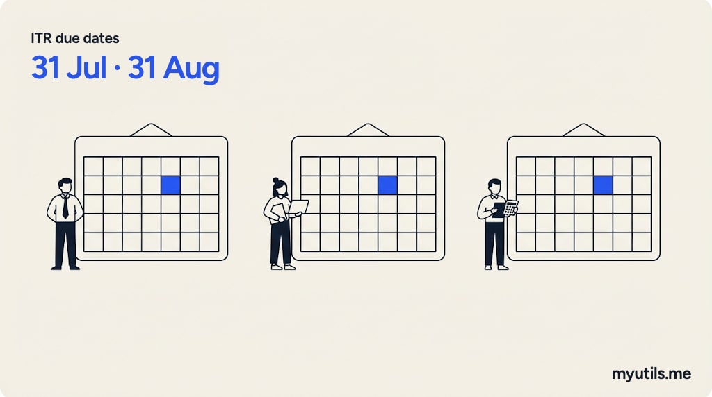 Three calendars for different people, with the words “ITR due dates: 31 Jul · 31 Aug”