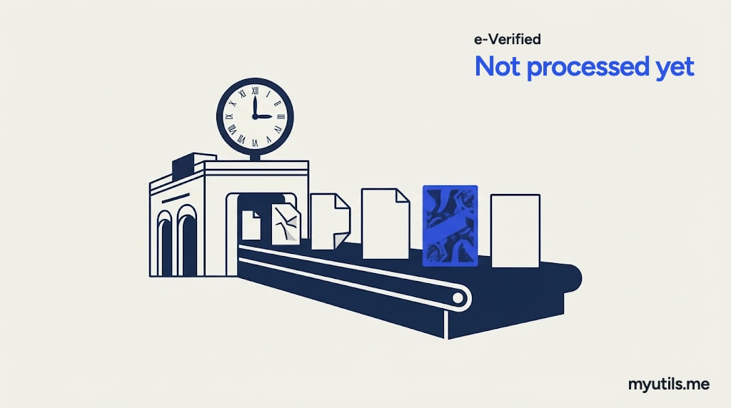 A document waiting in a queue with a clock, with the words “e-Verified: Not processed yet”