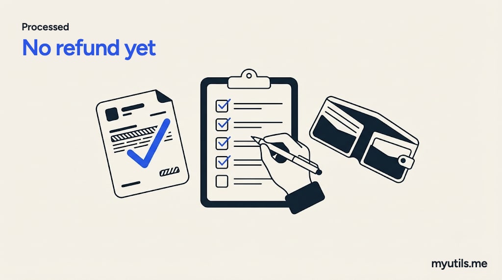 A processed document with a tick, an empty bank piggy bank and a checklist, with the words “Processed: No refund yet”