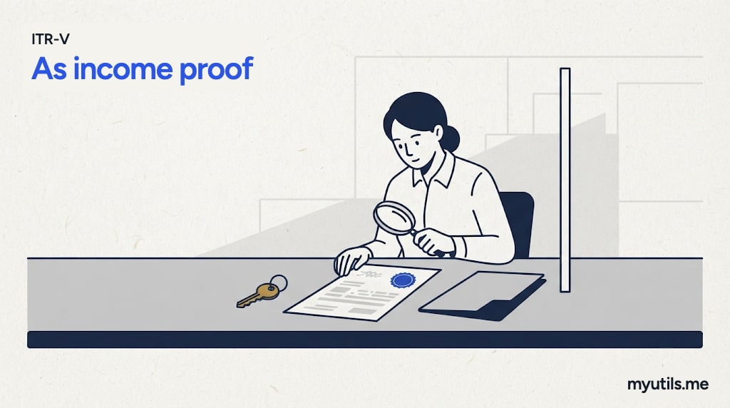 A landlord and bank officer examining a document with a magnifier, with the words “ITR-V: As income proof”