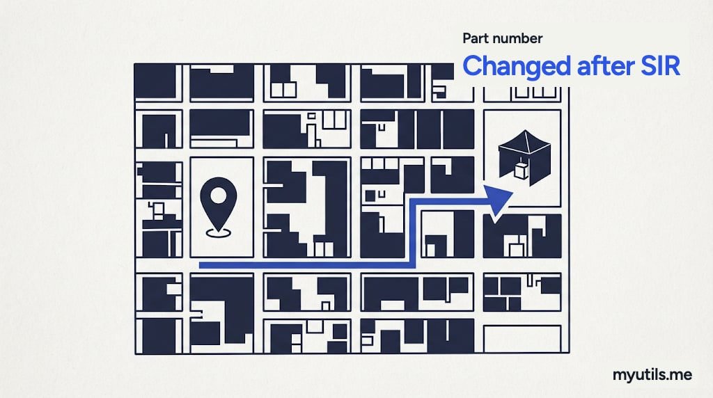 A polling booth map with a pin moved to a new block, with the words “Part number: Changed after SIR”