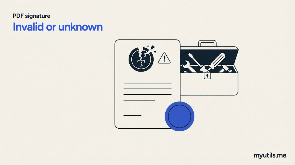A document with a warning seal, a toolbox fixing it, with the words “PDF signature: Invalid or unknown”