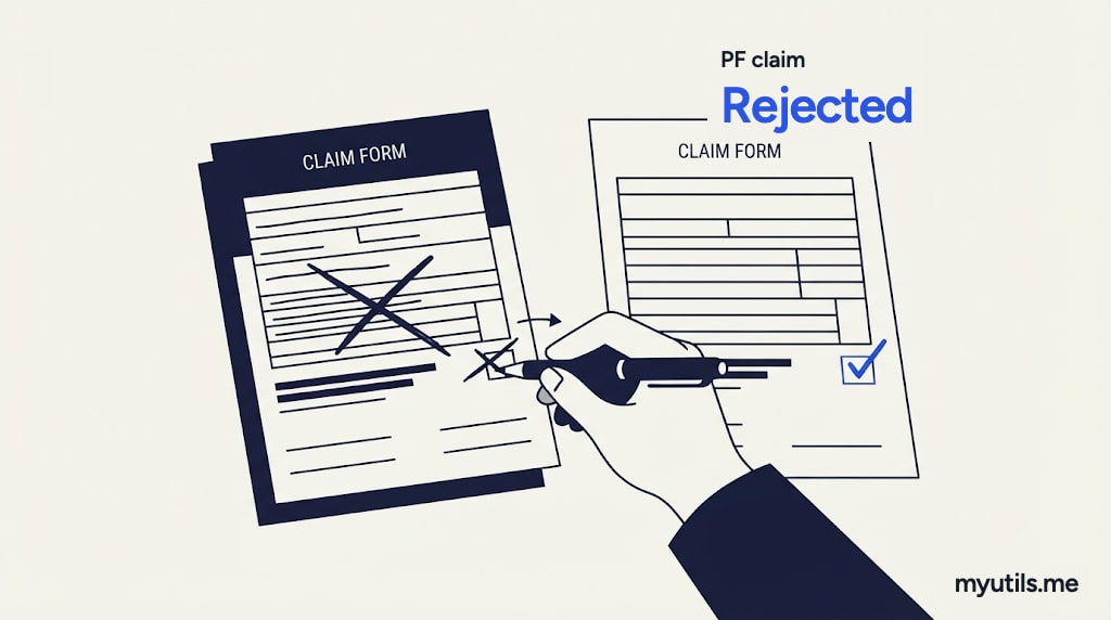 A claim form stamped back with a hand fixing each issue, with the words “PF claim: Rejected”