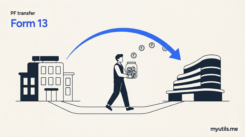 A person carries a jar of coins from one office to another, with the words “PF transfer: Form 13”
