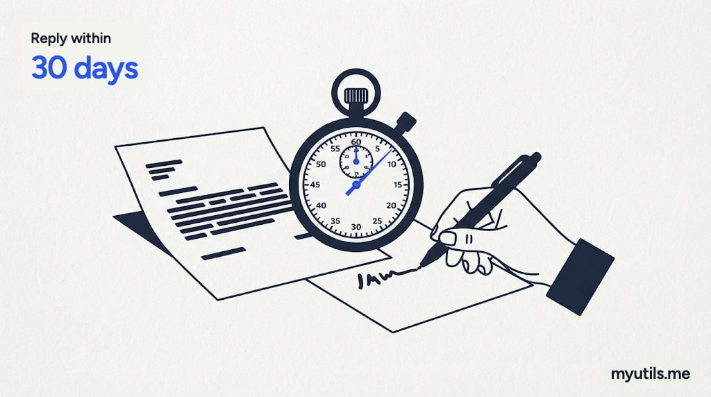 A notice with a stopwatch and a reply pen, with the words “Reply within: 30 days”