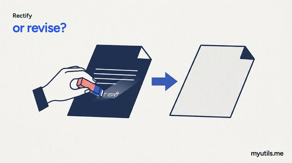 Two tools: an eraser fixing a line and a new form replacing old, with the words “Rectify: or revise?”