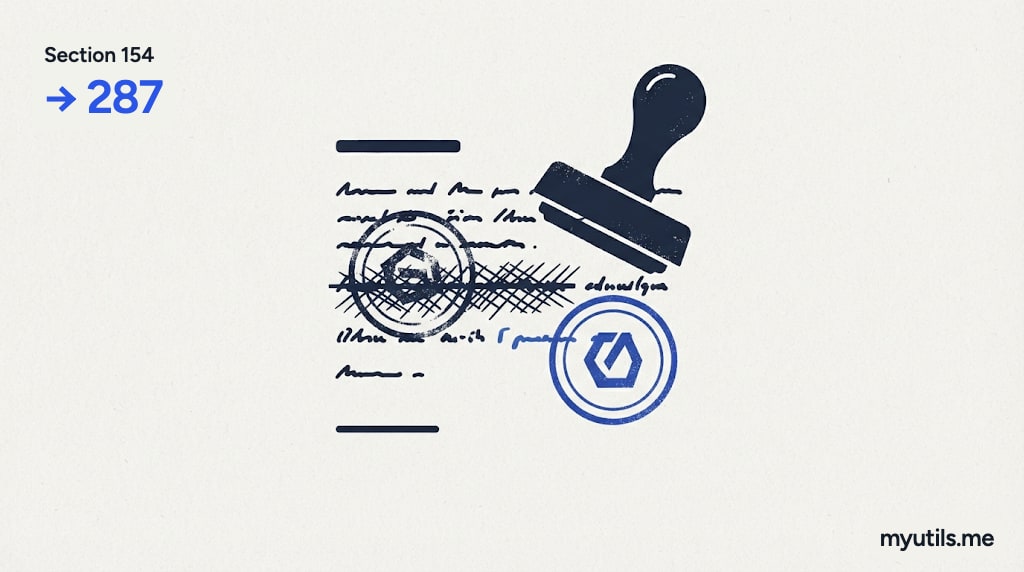 An old stamp and a new stamp correcting the same document, with the words “Section 154 → 287”
