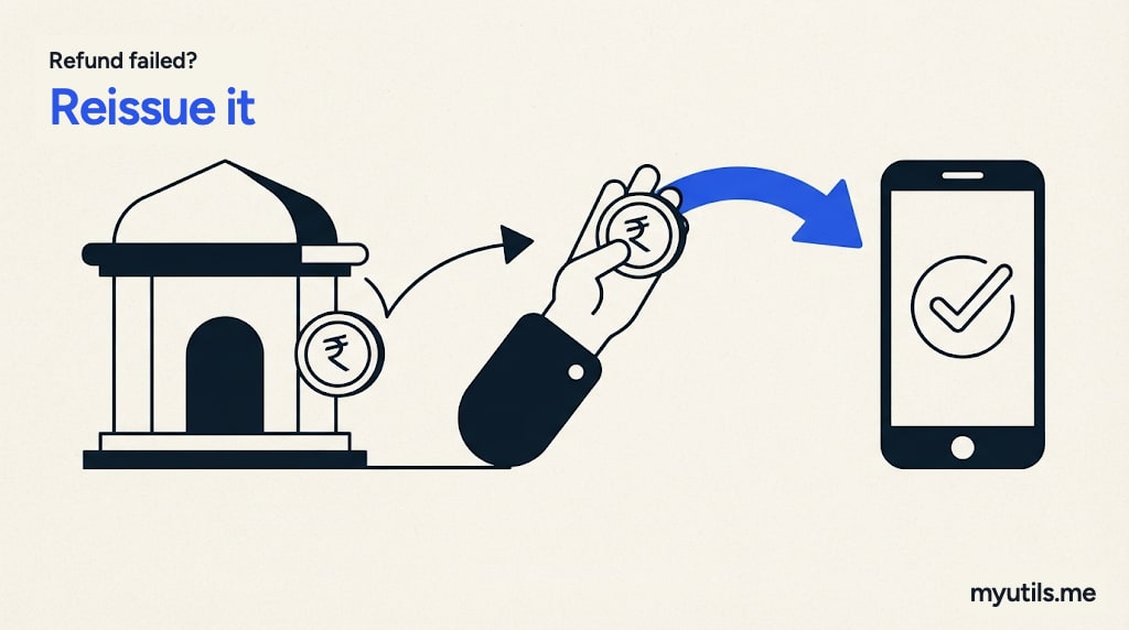 A rupee coin bounces back from a bank and is sent again to a phone showing a tick, with the words “Refund failed?: Reissue it”