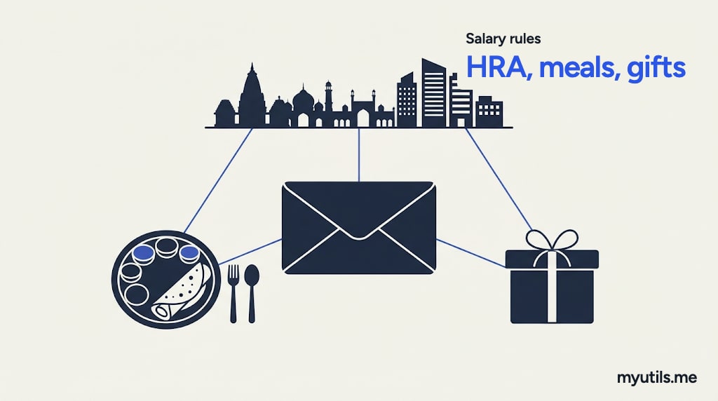 A city skyline, a meal plate and a gift box around a salary envelope, with the words “Salary rules: HRA, meals, gifts”