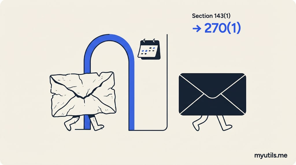 An old letter becoming a new letter through a doorway in time, with the words “Section 143(1) → 270(1)”