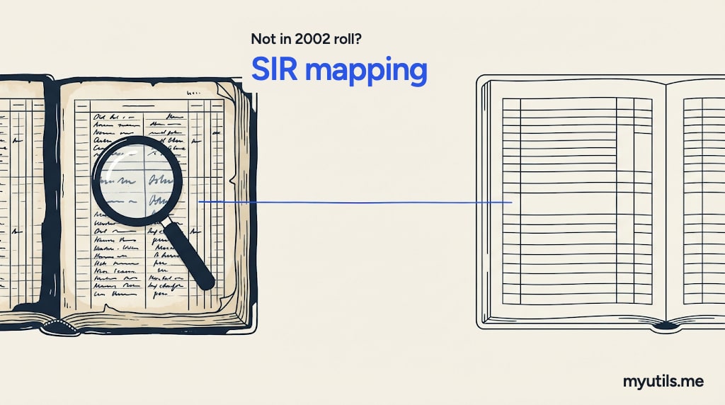 An old register and a new register linked by a thread, with the words “Not in 2002 roll?: SIR mapping”
