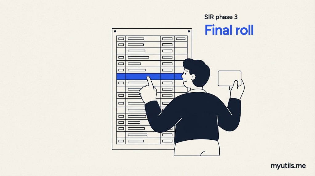 A person scanning a long printed list with a finger, with the words “SIR phase 3: Final roll”