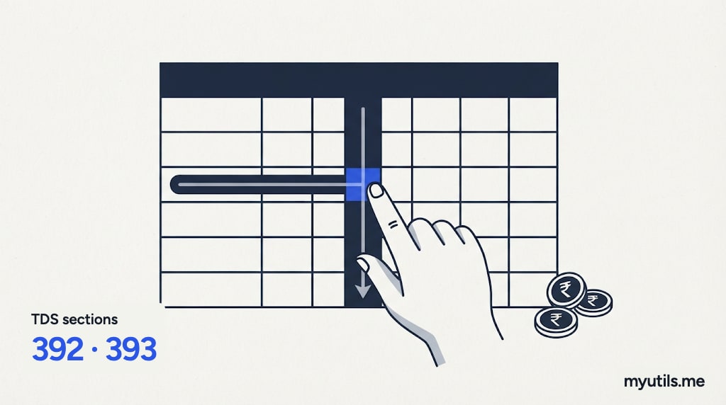 A big table grid with a finger finding one cell, with the words “TDS sections: 392 · 393”