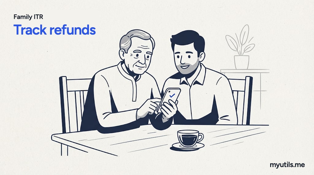 A family around a table looking at one phone, with the words “Family ITR: Track refunds”