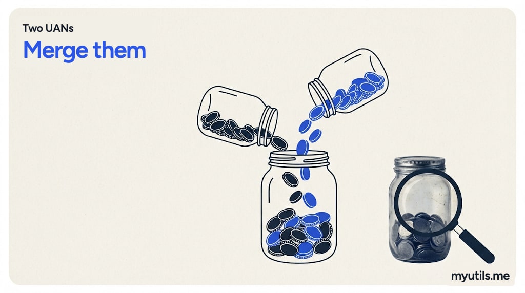 Two jars of coins being poured into one, with the words “Two UANs: Merge them”